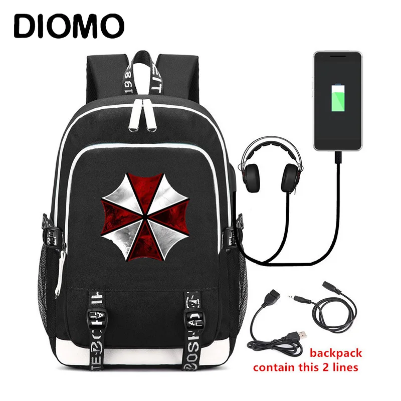 

DIOMO Resident Evil Biohazard Cosplay USB School Backpack Trend Cool School Bags for Boys Girls Teenagers Laptop Backpack Men