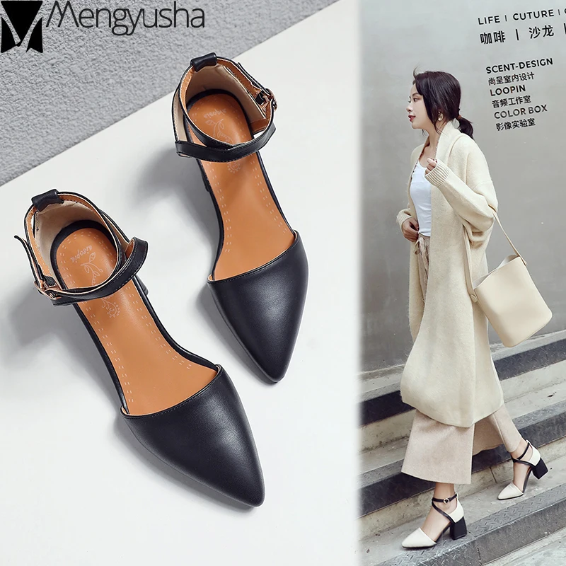 

Mixed color pointed closed toe sandals summer woman shoes thick high heels sandalia feminina ankle strap microfiber leather 2019