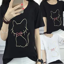 Women Blouse 2019 Womens Ladies Regular Short Sleeve Round Neck Cat Printing Blouse