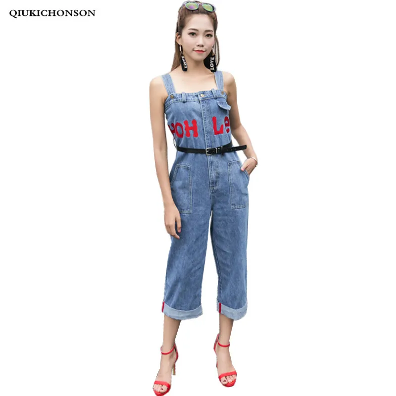 Denim blue Джинсовый комбинезон с открытыми плечами, женский летний Повседневный зауженный крой, принт с буквами, высокая талия, джинсовые комбинезоны, мешковатые комбинезоны, комбинезоны - Цвет: Denim blue