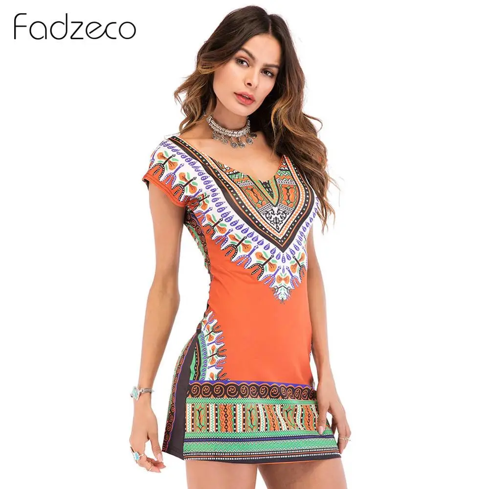 

Fadzeco African Dresses for Women Dashiki Short Sleeve V Neck Floral Bodycon Mini Dress Ethnic Tribal Print Summer Pencil Dress