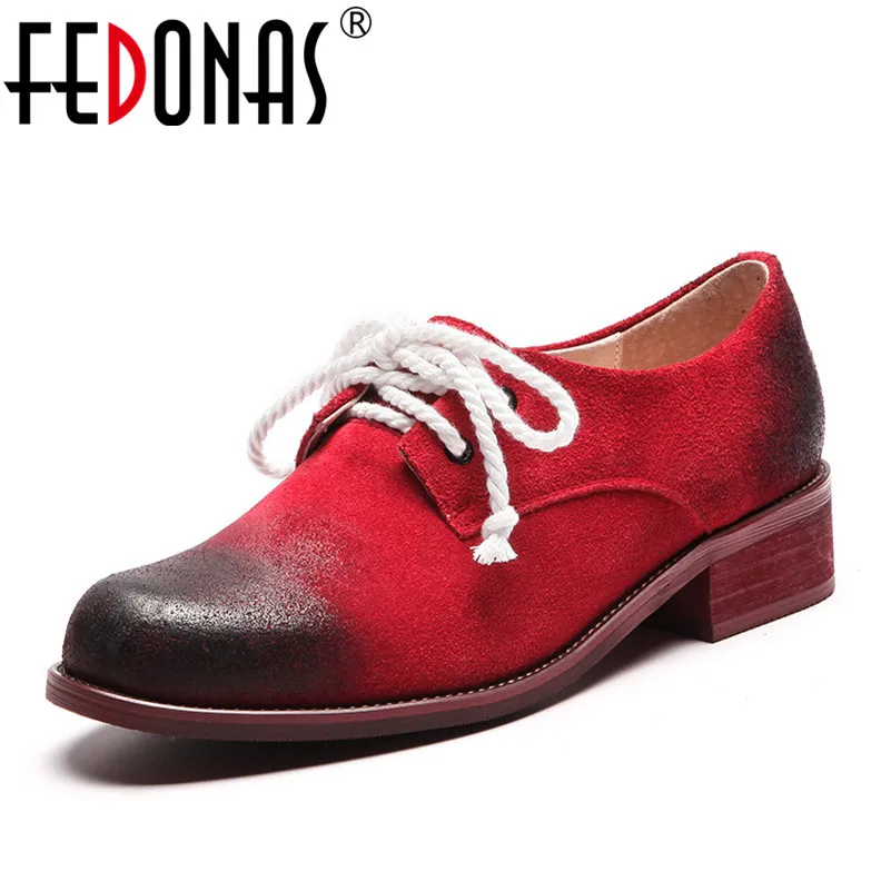 

FEDONAS 2019 Retro Women Cow Suede Pumps Round Toe High Heels Lace Up Spring Autumn New Shoes Woman Punk Short Casual Shoes