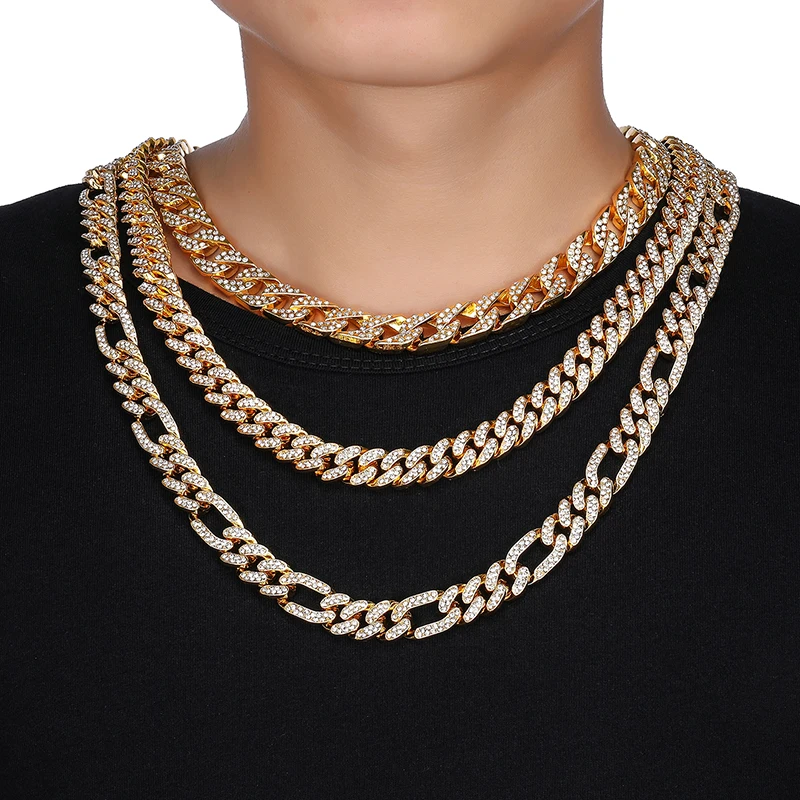 

Hip Hop Iced Out 13MM Miami Curb Figaro Link Chain Necklace Gold AAA Paved Rhinestones CZ Bling Necklaces Men Rapper Jewelry