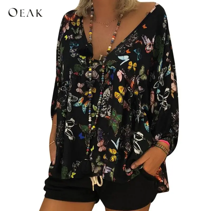 

OEAK 2018 Summer Autumn Sexy V-Neck Blouses Women Vintage Floral Butterfly Print Blusas Shirts Oversized Plus Size Camisas Tops