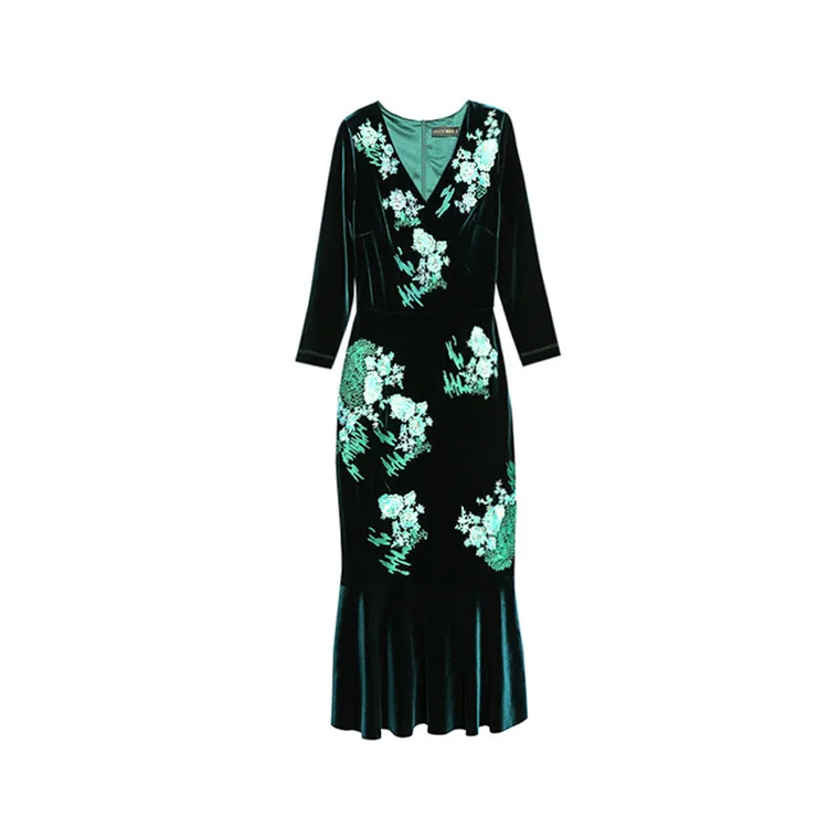 Зимнее женское платье с цветочной вышивкой, винтажное вельветовое платье для девушек, элегантные сексуальные вечерние платья, платье русалки для женщин - Цвет: green