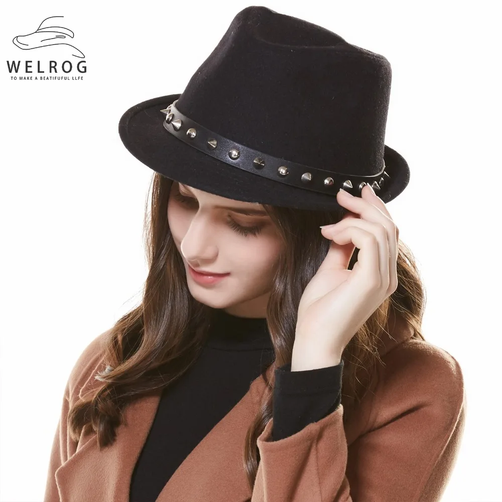 WELROG шерстяная женская мужская Ковбойская шляпа в западном стиле для зимы и осени, для джентльменов, леди, джаз, пастушка, панк, с заклепками, черная, церковная, сомбреро, Кепка