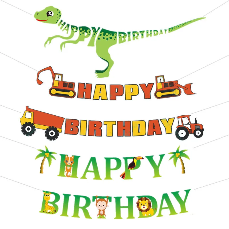 Us 166 31 Offkids Adults Happy Birthday Banner Cartoon Car Shark Dinosaur Planet Bunting Garland Kids Boy Birthday Party Decor Paper Flag In - 