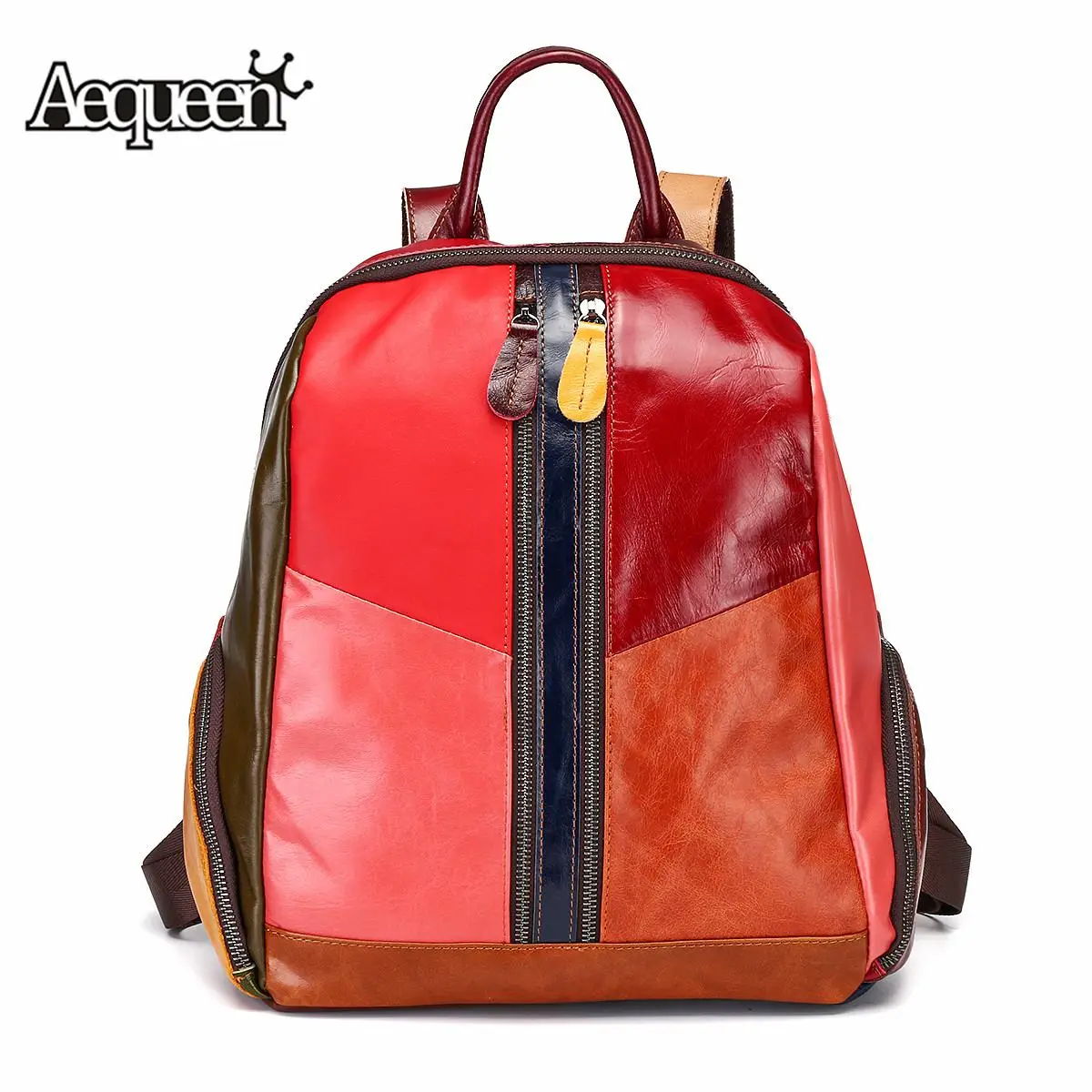 

AEQUEEN Feminina Mochilas Genuine Leather Backpacks Women Patchwork Schoolbag Girls Colorful Rucksack Retro Shoulder Bag Female