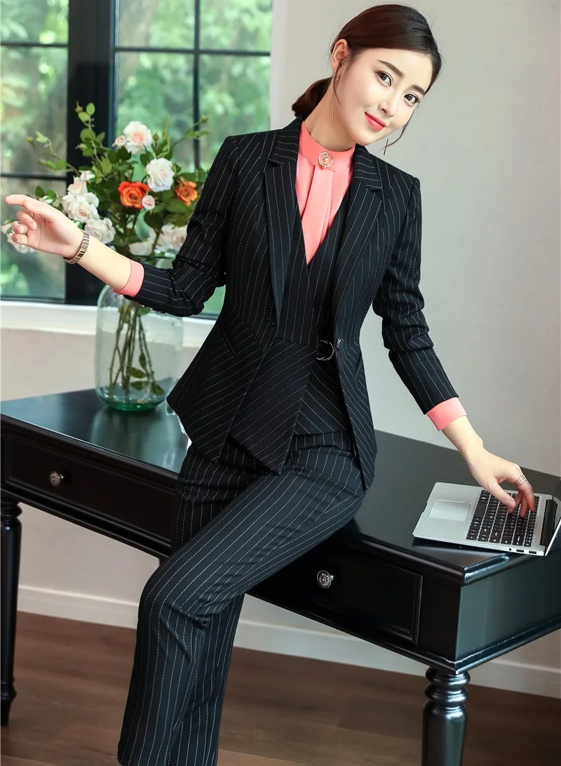 Formal 3 Piece With Jackets And Blazers And Vest Coat & Waistcoat Women Business Suits Pants Suits Fashion Striped Blazers