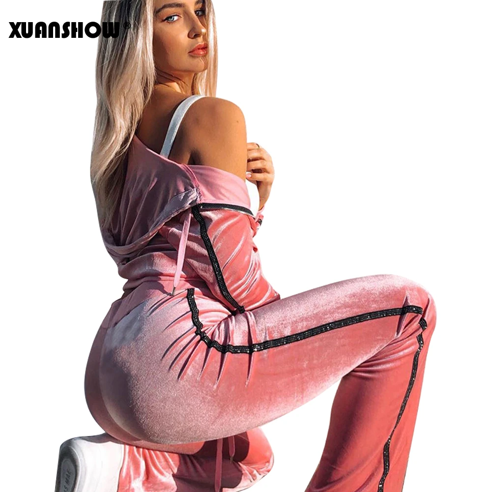 XUANSHOW Women Tracksuit Diamond Webbing Casual Two Piece Set Autumn Winter Velvet Long Sleeve Zip Pocket Hoodies Long Pant Set