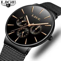 Lige Мужские часы Новый люксовый бренд часы Мужская мода спортивный кварц-часы из нержавеющей стали с сетчатым ремешком ультра тонкий