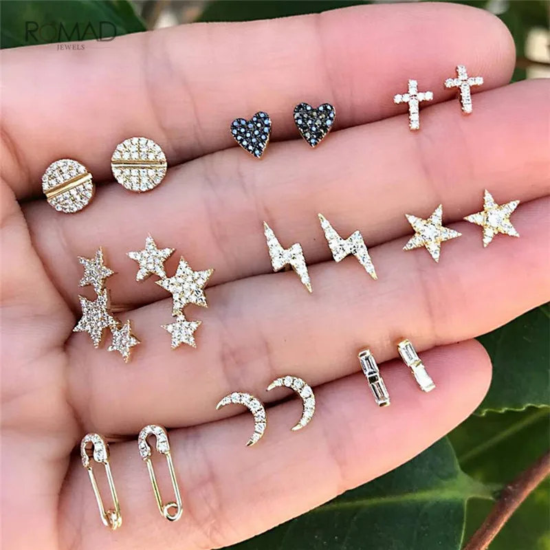 

Romad 2019 Fashion Cross Heart Love Moon Stars Crystal Gold Party Earrings Set Women 9 Pairs / Set