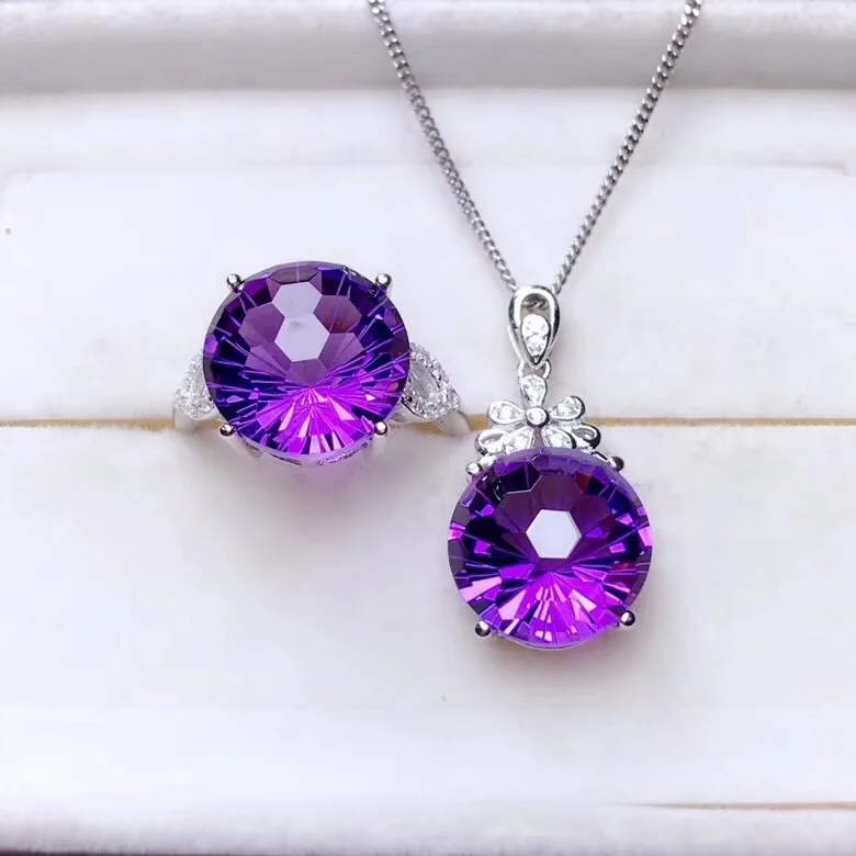 Изысканный Фиолетовый аметист, кольцо и ожерелье, ювелирный набор, Женские Ювелирные изделия, Круглый натуральный камень, серебро 925 пробы, сертифицированный подарок для девочки