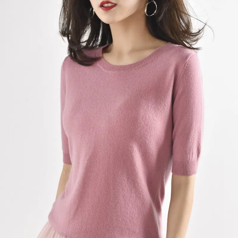 

Women's 100% Wool Crewneck O-neck Short Sleeve Knitted Pullover Base Tee Sweater Jumper Spring Summer High-end Pure Merino