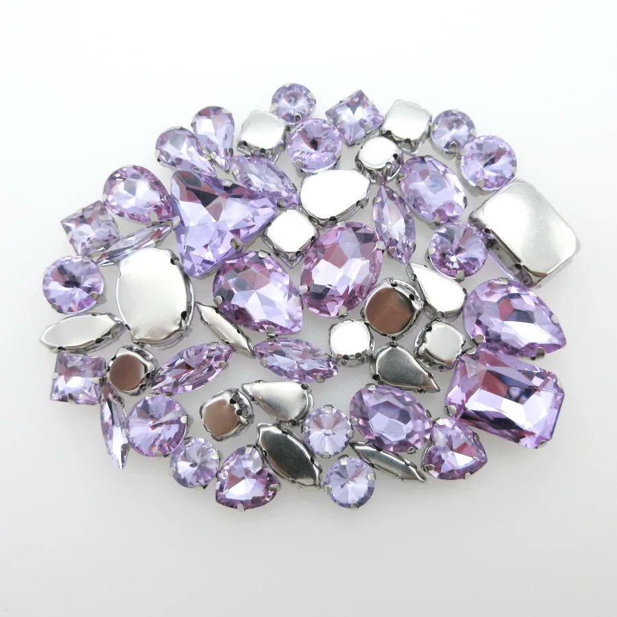 

50pcs/bag Violet glass crystal strass mix shapes silver claw flatback sew on rhinestone beads garment applique diy trim