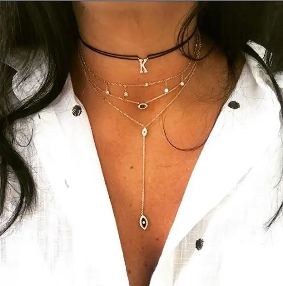 

Yellow Rose Gold color Y Shape Lariat Necklace For Women 925 sterling silver enamel eye charm long Necklaces & Pendants