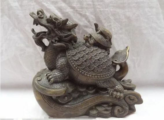 YM 316 8&quot Chinese Bronze Animals FengShui Dragon Turtle Statue On YuanBao Coin RuYi | Дом и сад