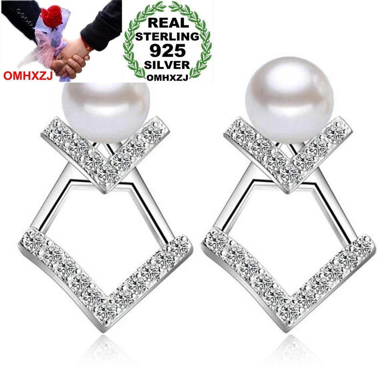 

OMHXZJ Wholesale Jewelry Simple Fashion joker for Woman Bride Gift Fine Double V Pearl 925 Sterling Silver Stud Earrings YS271