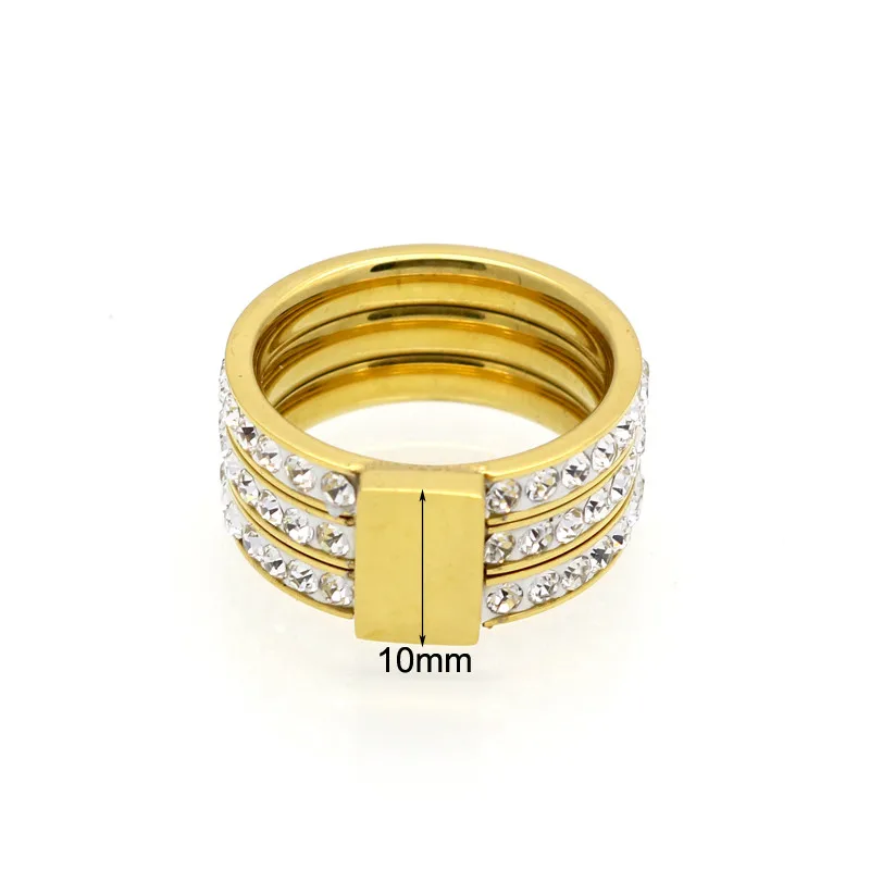 10mm Width Three-ring Fixed Design Rhinestone 316L Stainless Steel Rings For Women Gold Color Party Jewelry (JewelOra RI102369)