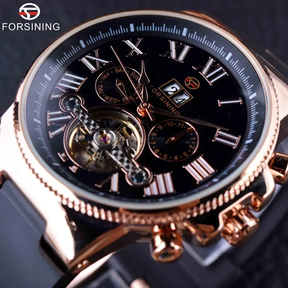 Forsining розовое золото ободок турбийн Дизайнер Высокое качество ПВХ ремешок Мужские автоматические наручные часы Мужские часы лучший бренд класса люкс - Цвет: Black Golden