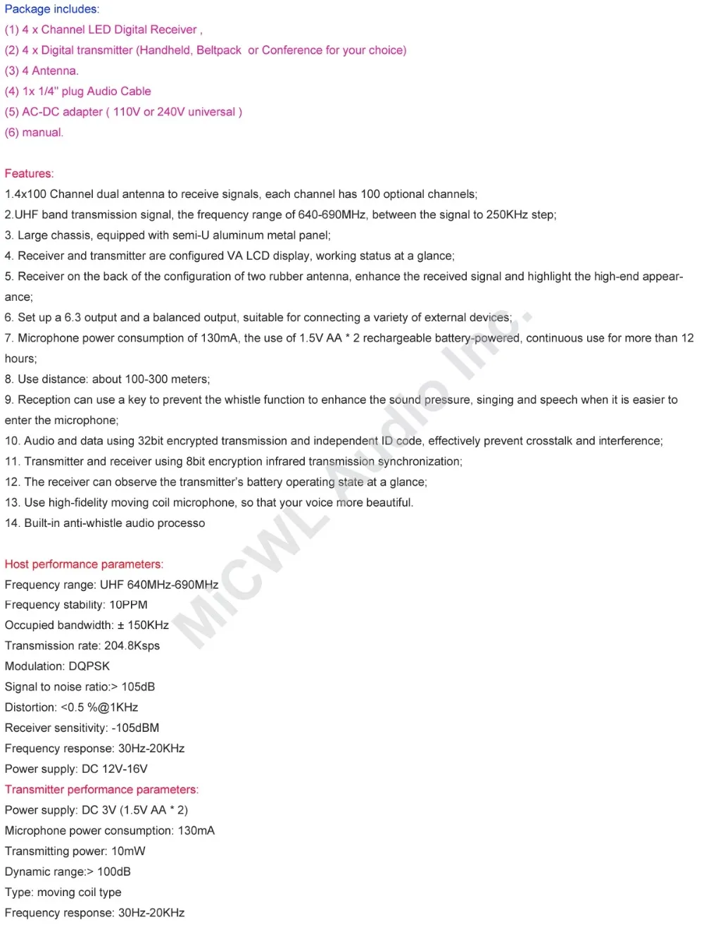 MiCWL SKM9000 True Diversity 4 черный беспроводной сценический микрофон Система больших зон шампанского золота Ограниченная серия