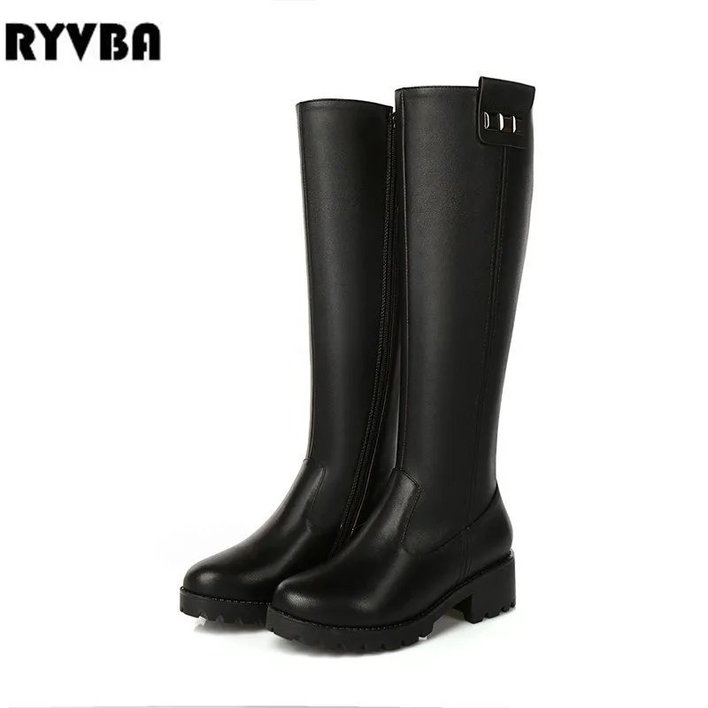 

RYVBA women genuine leather thigh high boots womens winter autumn knee high boots 2018 black buckle square heels woman shoes