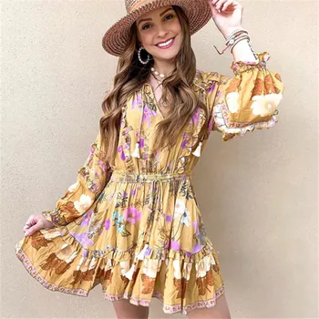 

Holiday Style A-line Dress Women's Retro Beach Short Dress Summer Bohemian Rayon Mini Dress V-neck Ruffles Lace Up Vestidos