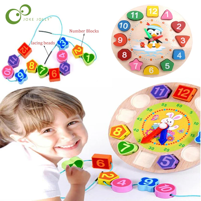 

1Pc Wooden Clock Puzzle Toys For Children Beads Lacing Early Learning Educational Preschool Digital Clock kid Birthday Gift ZXH