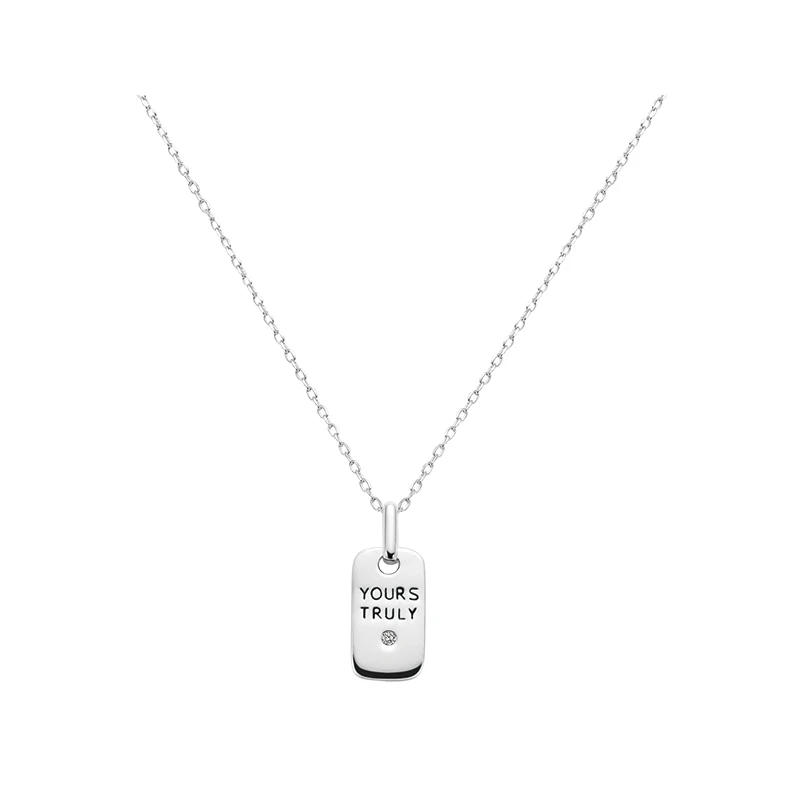 

LEKANI 2019 Clavicle Chain Rectangular Dog Tag Pendant Engraved YOURS TRULY Letter Cubic zirconia 925 Sterling Silver Necklaces