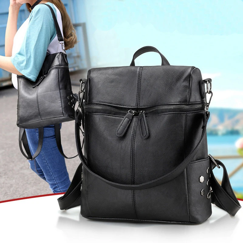 

MoneRffi Ladies Zipper Shoulder Bag Fashion Backpack for Women Waterproof PU Leather 3 Ways Student Backpack