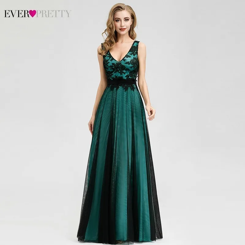 Robe De Soiree Ever Pretty темно-зеленые кружевные вечерние платья Длинные трапециевидные с v-образным вырезом без рукавов элегантные официальные платья Vestido Comprido