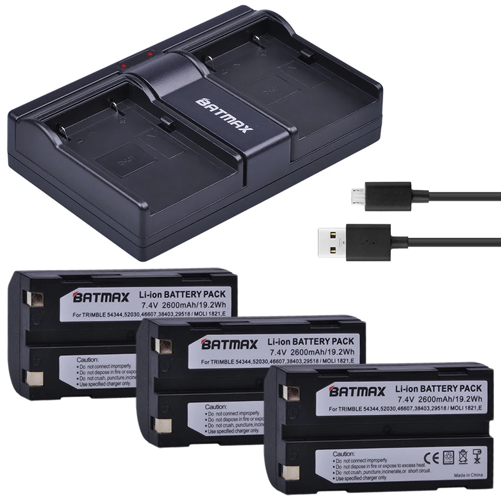 3Pcs 2600mAh Battery for Trimble 54344, 92600 Pentax Battery + Dual USB Charger for Trimble 5700