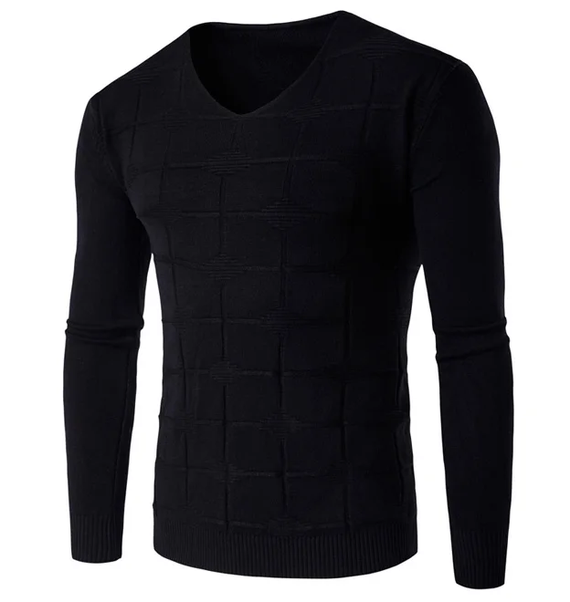 Мягкий теплый свитер Мужская брендовая одежда Slim Fit v-образным вырезом пуловеры мужские свитера модные квадратные трикотажные Pull Homme - Цвет: Черный