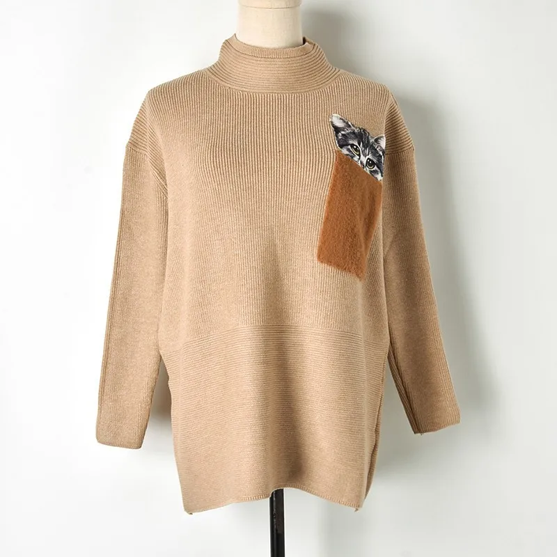 

2018 Winter Pocket Cat Thick Turtleneck Sweater Womens Full Sleeve Warm Knit Sweater Female Fashion Causal Loose Pullover Tops