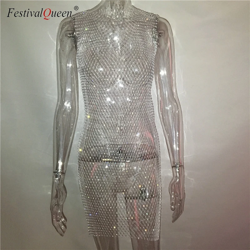 FestivalQueen сексуальное алмазное открытое летнее платье с разрезом от бедра женское Сетчатое клетчатое Сверкающее роскошное пляжное просвечивающее вечернее платье для ночного клуба