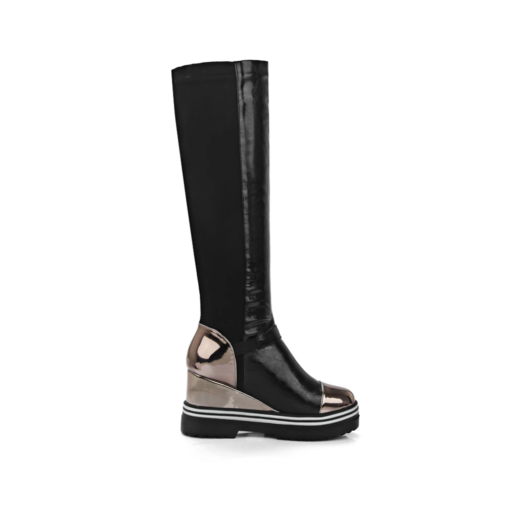 KARINLUNA/Большие размеры 34-43; модные ботинки; женская обувь; женские ботинки; модные зимние сапоги до колена на танкетке с высоким каблуком в стиле пэчворк
