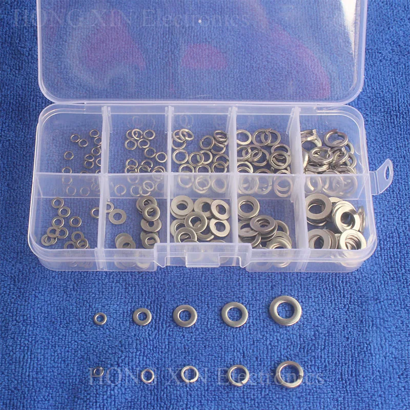 

200Pcs/set M2.5 M3 M4 M5 M6 304 Stainless Steel Flat Washer Plain Washer Spring Washer Flat Gasket Kit Flat Pad
