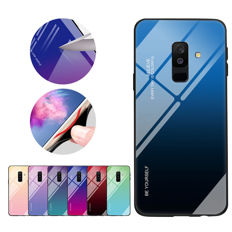 Gradient Case For Samsung Galaxy A7 J8 J6 J4 A6 A8 plus A8+ 2018 Luxury Slim Fit Glossy Tempered Glass Silicone Frame Hard Cover |