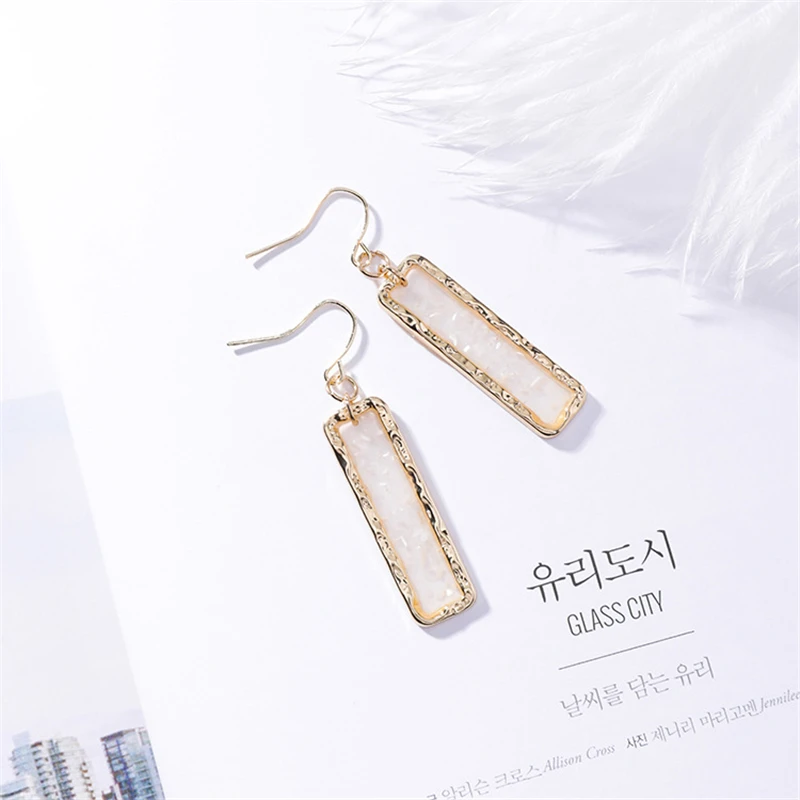 

New Design Simple Geometric Rectangular Shiny Shell Transparent Ear Hook Long Drop Earrings for Women Girl Wholesale Pendientes