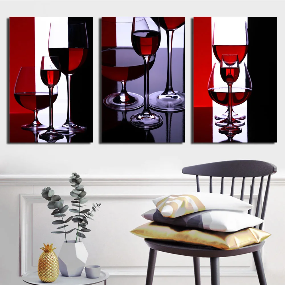 3 Piece Combined Red Wine Glass Poster Canvas Art Painting for Dining