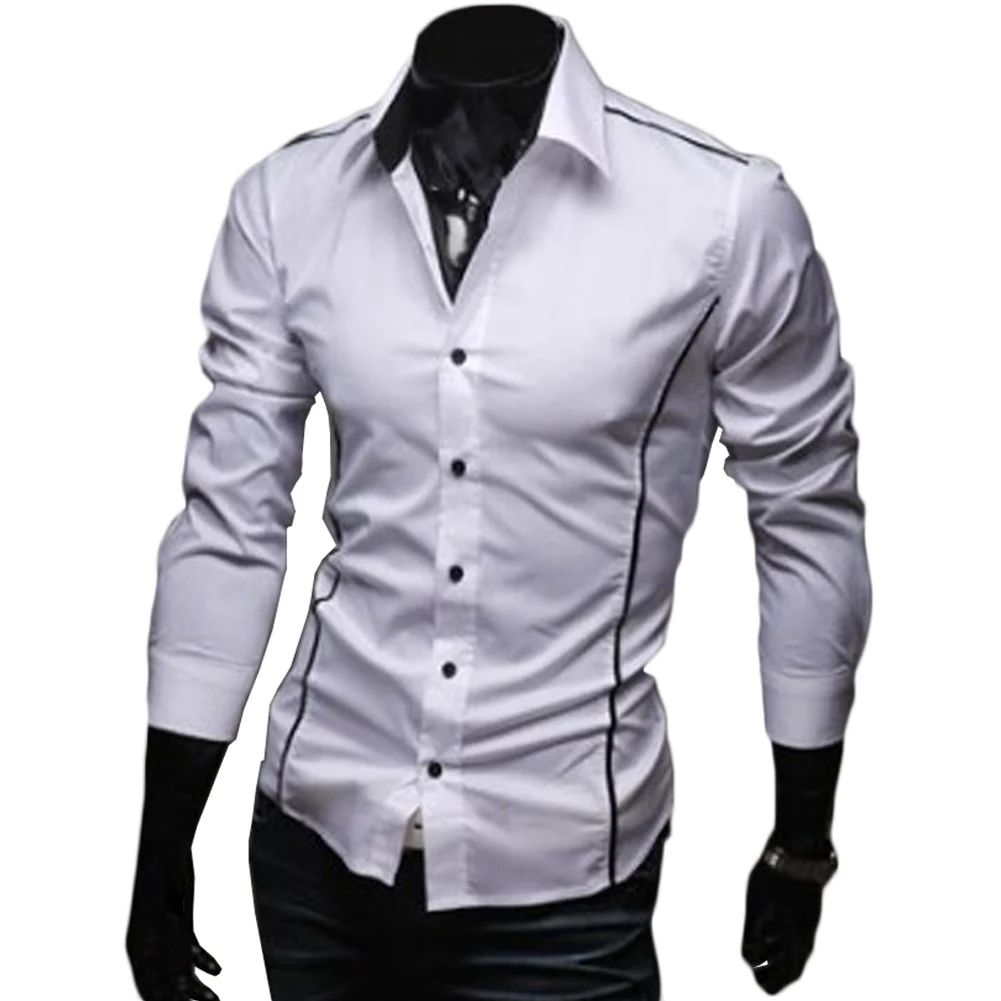 Новый Для мужчин Роскошные Повседневная рубашка с полосками Slim Fit с длинным рукавом Бизнес Рубашка с отложным воротником мужской