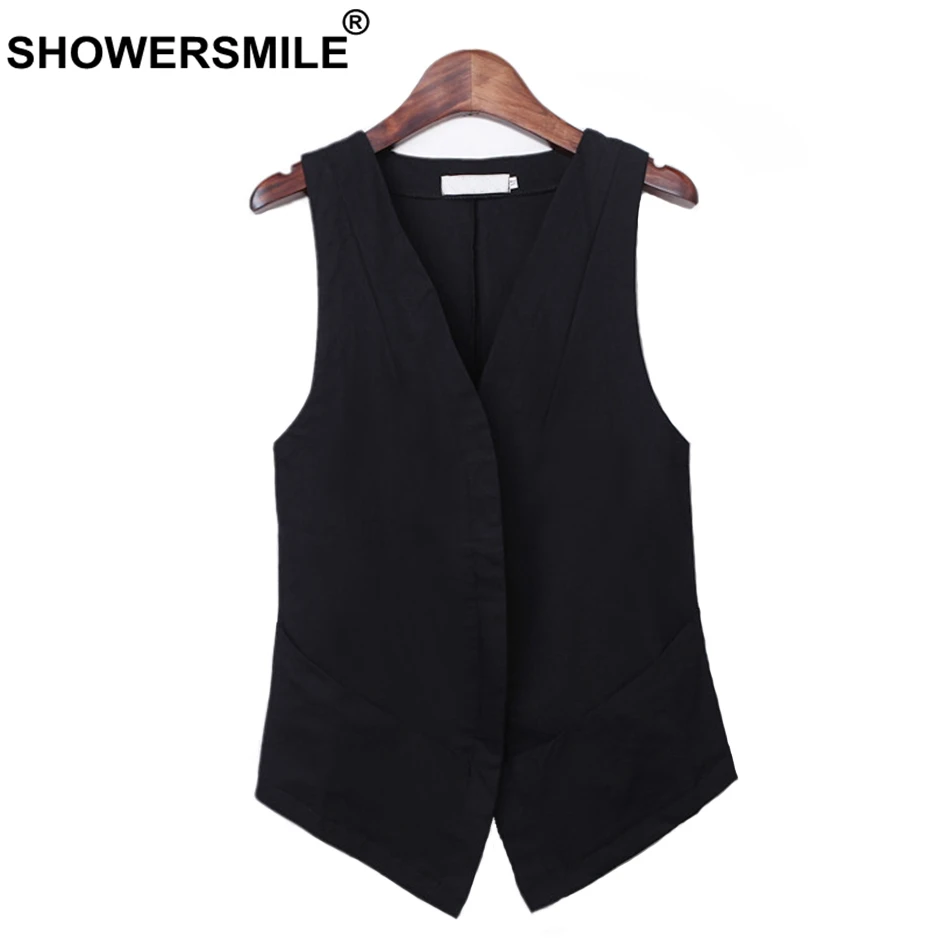 SHOWERSMILE Gilet Vests For Women Black Linen Waistcoat Female Short Light Weight Slim Ladies Spring Summer Sleeveless Jackets