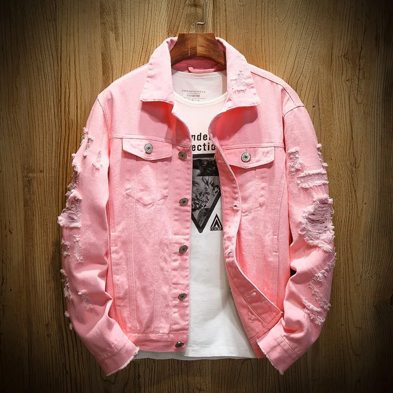 WJCCY M- 5XL Denim Jacket Men Ripped Holes Mens Pink Jean Jackets Garment  Washed Mens Denim Coat (Color : A, Size : L)