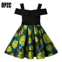 OPZC Vintage Stitched Flower Princess Girls Off Shoulder Party Dress Costume Clothing Toddler Kids Dress for Children Clothing