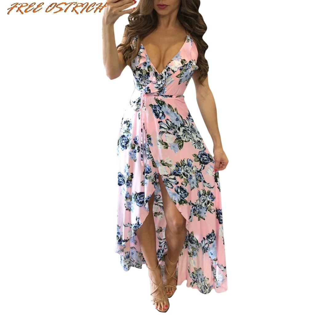 Бесплатная страусиное модное женское богемное цветочное летнее пляжное длинное платье вечернее платье женское платье Летнее пляжное