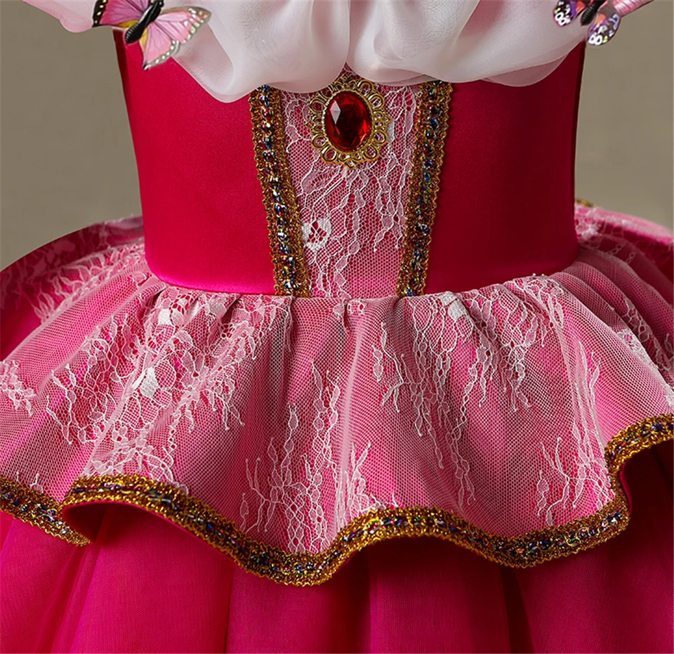 Нарядное розовое платье принцессы Авроры для девочек; элегантные сетчатые Бальные платья Спящей красавицы с цветочным рисунком для девочек; Детские костюмы для рождественской вечеринки