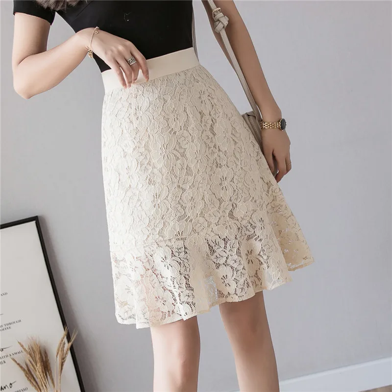 Women Skirt 2019 Spring Summer Skirts Womens Office Lady Elegant Lace Skirt High Waist A Line Midi Skirt Knee Length Jupe Femme
