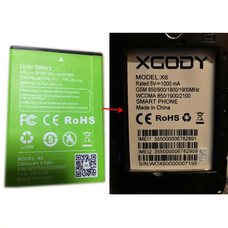 

2500mAh Battery For XGODY X6 5.0 Inch Replacement Rechargeable Mobile Phone Batteries Tested In Stock