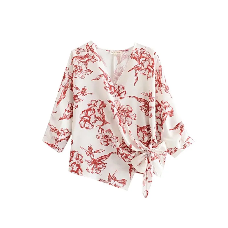 

CS871 European Elegant Red Floral Print Side Pleated Bow Knot Shirts Women Summer Match All Blouse Tops