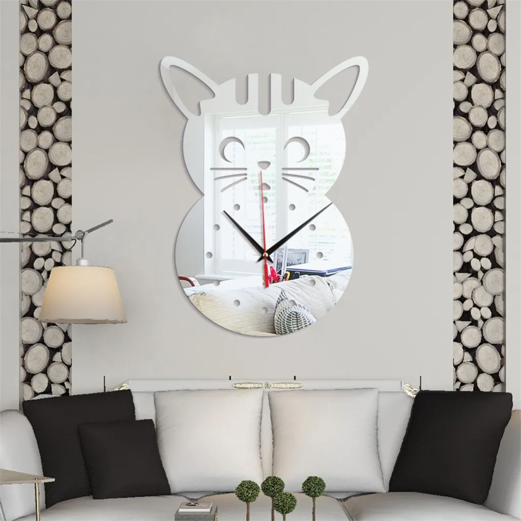 Divided design 3D Cartoon Cat Modeling Acrylic Mirror Wall Clock Home Decoration Wall Clock Home decoration accessories small